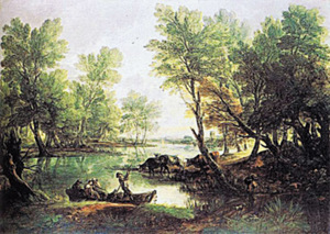 Festmény, amely erdős tájat ábrázol folyóval, csónakban ülő emberekkel és legelésző tehenekkel.