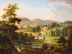 Festői táj egy parkban, középpontjában klasszikus pavilon, háttérben dombok és hegyek.