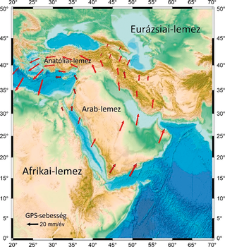 Földkéreg lemezeinek mozgása a Közel-Keleten, GPS sebességgel jelölve, Eurázsiai, Anatóliai, Arab és Afrikai lemezek.