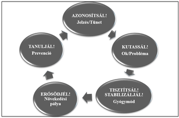 Folyamatábra az azonosítás, kutatás, tisztítás lépéseivel Folyamatábra az azonosítás, kutatás, tisztítás, erősödés és tanulás lépéseivel, jelzés, tünet, ok, probléma, gyógymód, növekedési pálya, prevenció.