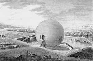 A futuristic spherical building surrounded by people and animals in a rural landscape.