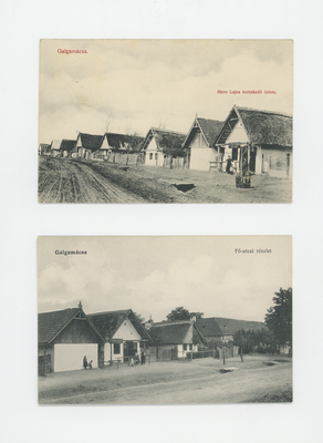 Két régi képeslap Galgamácsáról, utcai részletek és épületek láthatók.