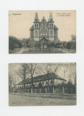Két régi képeslap Galgamácsáról, az egyik a Királyi vadász kastélyt, a másik a Wettstein kastélyt ábrázolja.