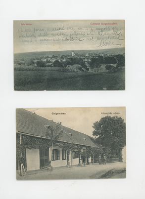 Két régi képeslap Galgamácsáról, az első a falu látképét, a második a községház udvarát ábrázolja.