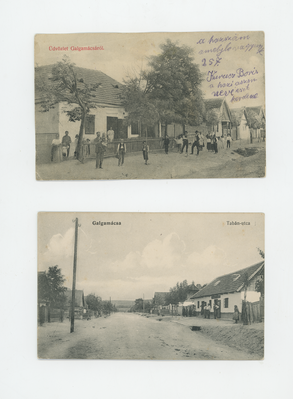 Két régi képeslap Galgamácsáról, az egyik utcát, a másik csoportot mutat be.