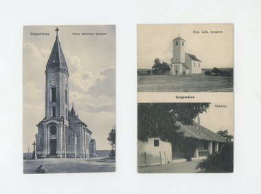 Két régi képeslap Galgamácsa római katolikus templomairól és plébániájáról, feliratokkal.