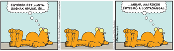 Garfield fekszik a földön és gondolatban a lustaságról elmélkedik, humoros képregény.
