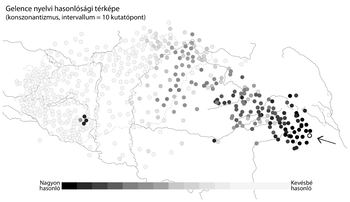 Gelence nyelvi hasonlósági térképe Gelence nyelvi hasonlósági térképe, konzonantizmus, intervallum = 10 kutatópont