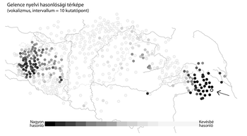 Gelence nyelvi hasonlósági térképe Gelence nyelvi hasonlósági térképe, vokalizmus alapján, 10 kutatópont intervallummal.