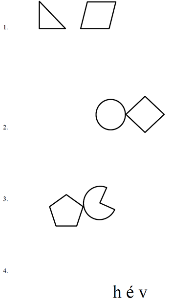 Geometriai alakzatok és a 'hév' szó Geometriai alakzatok, köztük háromszög, paralelogramma, kör, rombusz, ötszög, Pac-Man alakzat és a 'hév' szó.