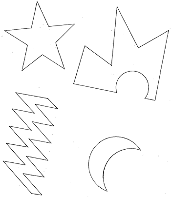 Geometriai formák: csillag, villám, hold és egyedi alakzat Különböző geometriai formák, köztük csillag, villám, hold és egy egyedi alakzat vonalrajza.