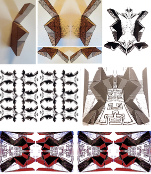 Különböző geometriai formák és minták tükröződése és ismétlődése faanyagból, különböző színekben.