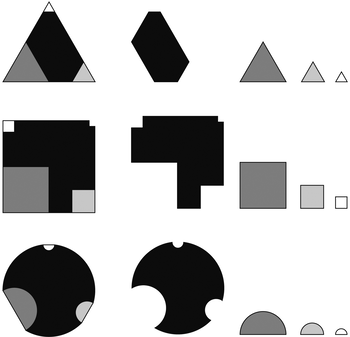 Különböző geometriai formák, mint háromszög, hatszög, négyzet és kör, különböző méretekben és színekben.