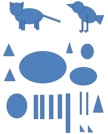 Geometriai formákból készült macska és madár Geometriai formákból készült macska és madár, körülöttük különböző formák, mint háromszögek, oválisok és téglalapok.