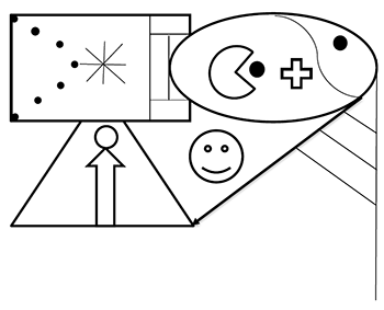 Geometriai alakzatok és szimbólumok Geometriai alakzatok, mint háromszög, kör, ovális, nyíl, smiley, Pac-Man figura, plusz jel és csillag.