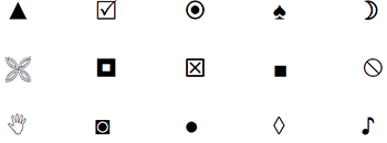 Különböző geometriai és szimbolikus alakzatok Különböző geometriai és szimbolikus alakzatok, mint háromszög, négyzet, kör, levél, kéz, és zenei hangjegy.