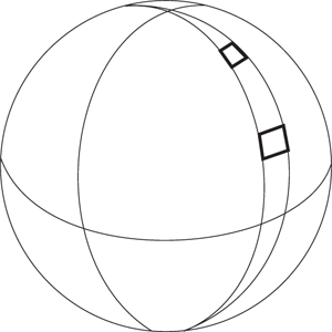Geometriai ábra, amely egy gömböt és rajta két derékszögű háromszöget ábrázol.