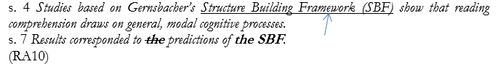 Text referencing Gernsbacher's Structure Building Framework (SBF) and its impact on reading comprehension.