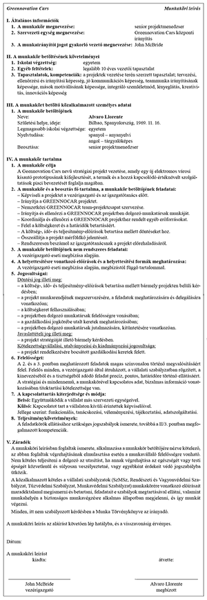 Greennovation Cars senior projektmenedzser munkaköri leírás Greennovation Cars munkaköri leírás a senior projektmenedzser pozícióra, részletezve a feladatokat és követelményeket.