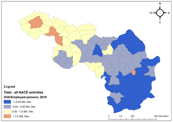 GVA/Employed persons 2019 NACE activities map Térkép a GVA/Employed persons mutatóról 2019-ben, NACE tevékenységek szerint, színkódokkal.