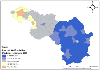 GVA/Employed persons térkép 2000-ben, NACE tevékenységek szerint Térkép a GVA/Employed persons mutatóról 2000-ben, különböző régiók színkódokkal jelölve a standard deviációk alapján.