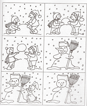 Gyerekek hóembert építenek egy hat paneles képregényben Hat paneles képregény, ahol gyerekek hóembert építenek, végül egy nyúl eltünteti a hóember orrát.