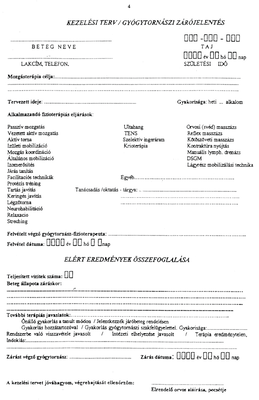 Gyógytornászi zárójelentés formanyomtatvány, amely tartalmazza a kezelési tervet és fizioterápiás eljárásokat.