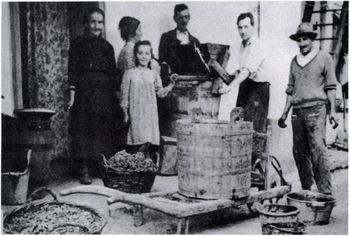 Hagyományos szőlőpréselés régi préssel Csoport ember hagyományos szőlőpréselést végez egy régi préssel.