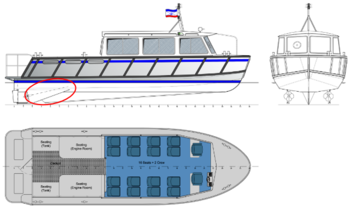 Hajó tervrajza, amely bemutatja a hajó oldalnézetét, elölnézetét és alaprajzát, ülések és motor elrendezésével.