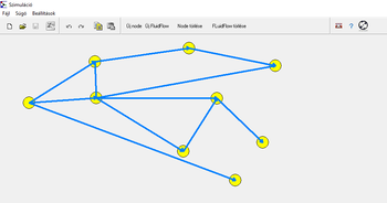 Hálózati szimuláció, sárga csomópontok és kék vonalak jelzik a kapcsolódásokat.