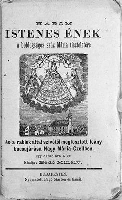 Régi könyvborító Szűz Mária tiszteletére írt három istenes énekkel és illusztrációval