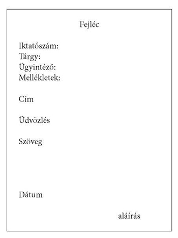 Hivatalos dokumentum sablon mezőkkel: iktatószám, tárgy, ügyintéző, mellékletek, cím, üdvözlés, szöveg, dátum, aláírás.