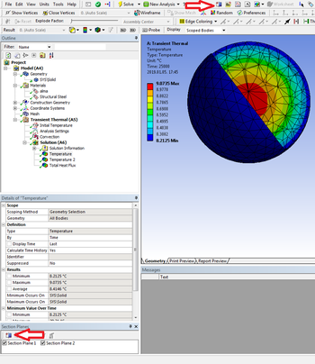 Hőmérséklet eloszlás szimuláció gömb alakú testben ANSYS-ben Hőmérséklet eloszlás szimuláció gömb alakú testben, ANSYS szoftverben, hőmérséklet maximum és minimum értékekkel.