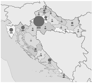 Horvátország régióinak térképe számokkal Horvátország térképe, amelyen különböző régiókban elhelyezett körök jelzik a régiókhoz tartozó számokat.