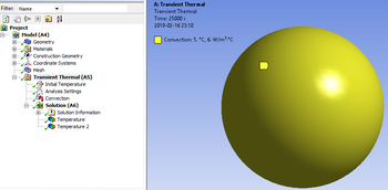Hőátadási szimuláció gömbön - Transient Thermal Hőátadási szimuláció gömbön, projekt fa struktúrával és konvekciós beállításokkal.