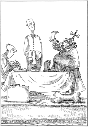 Humoros karikatúra, ahol egy királyi figura csontot tart, írnok jegyzetel, pincér áll mellettük.