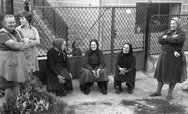 Idős nők láthatók, akik egy kerítés előtt ülnek és állnak, vidéki környezetben, fekete-fehér fotón.