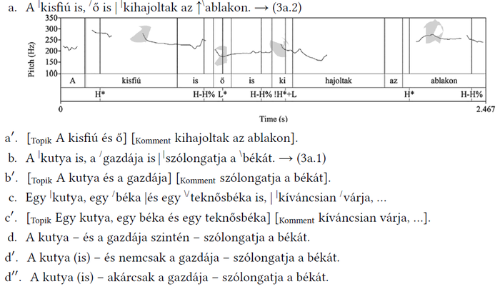 Grafikon az intonációs mintázatról, mondatok hangsúlyozásával és dallamával.