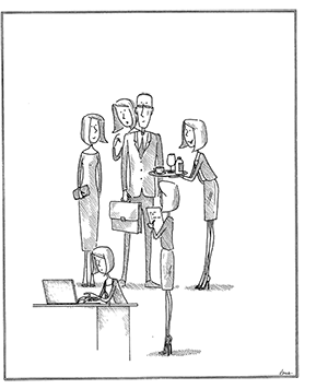 Irodai környezet emberek interakciójával Irodai környezet, ahol emberek beszélgetnek és egy nő laptopon dolgozik.