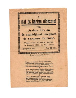 Régi könyv borítója Szalma Flórián és családjának szomorú történetével, az ital és kártya áldozataiként.