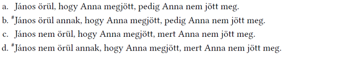 János és Anna érkezésével kapcsolatos mondatok Négy mondat János és Anna érkezéséről, két mondat jelölve.
