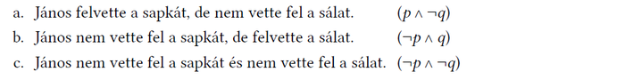 Három logikai állítás János sapka és sál viseléséről, különböző kombinációkban.