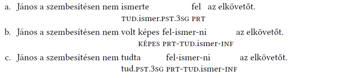 Három mondat János szembesítésén való elkövető felismeréséről, nyelvtani jelmagyarázattal.