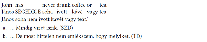 John és János soha nem ivott kávét vagy teát John és János soha nem ivott kávét vagy teát. Két további mondat a vízivásról és emlékezésről.