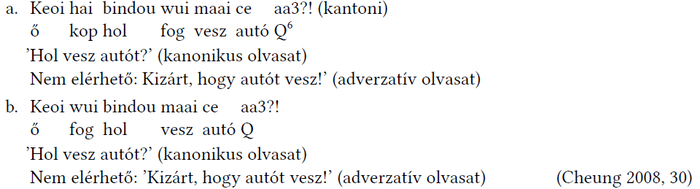 Kantoni mondatok és magyar fordításuk különböző olvasatokkal Kantoni mondatok és magyar fordításuk, kanonikus és adverzatív olvasatokkal, Cheung 2008.