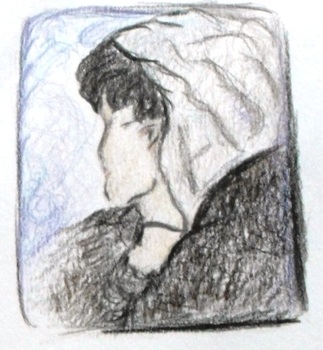 Ceruzarajz, amely egy kapucnis alakot ábrázol oldalnézetben, művészi stílusban.