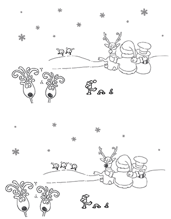 Két azonos karácsonyi rajz rénszarvassal, hóemberrel és Mikulással, integető figurákkal.