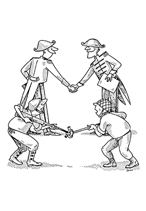 Katonai kézfogás és kardharc Két katona kezet fog, míg két másik kardokkal harcol egymással egy rajzon.