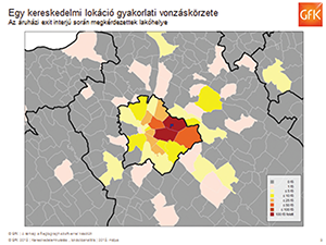 Kereskedelmi lokáció vonzáskörzete térkép Térkép egy kereskedelmi lokáció vonzáskörzetéről, színes jelölésekkel az áruházi exit interjú alapján.
