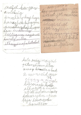 Három kézzel írt papírlap különböző szavakkal és kifejezésekkel, mint 'majd hazajön' és 'szakonon a'.